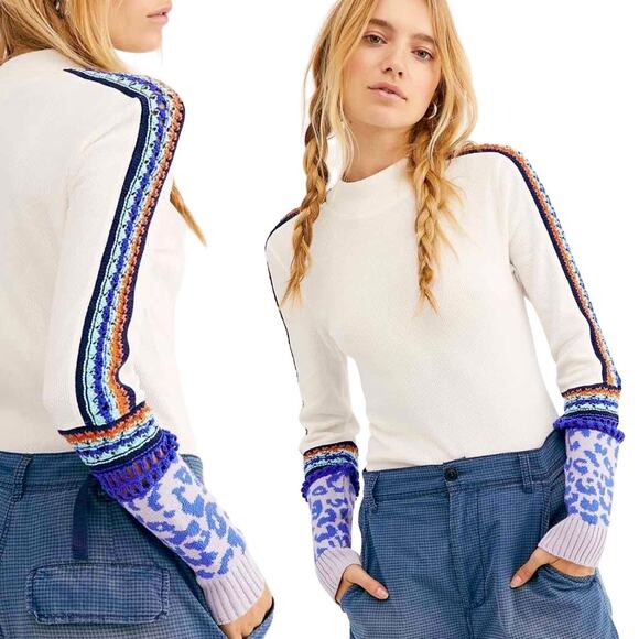 Free People Tops - Free People Switch It Up Cuff Crochet Mixed Media Long Sleeve Thermal Top Size M